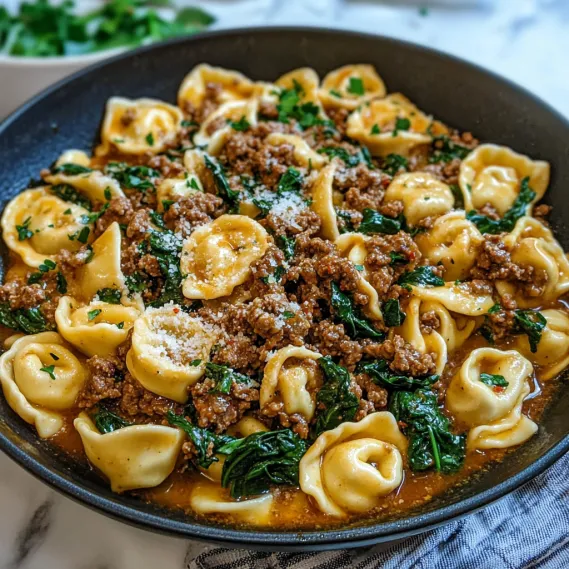 A bowl of pasta with meat and vegetables.