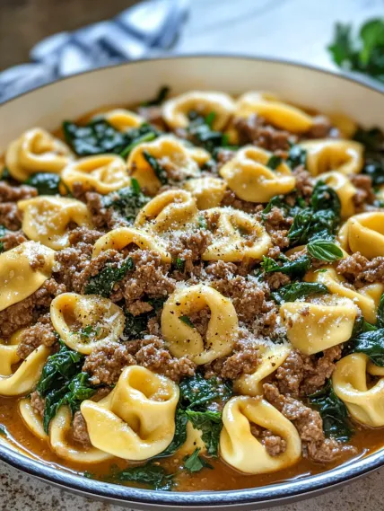 A bowl of pasta with meat and spinach.