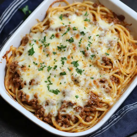A white bowl of spaghetti with meat sauce and cheese.