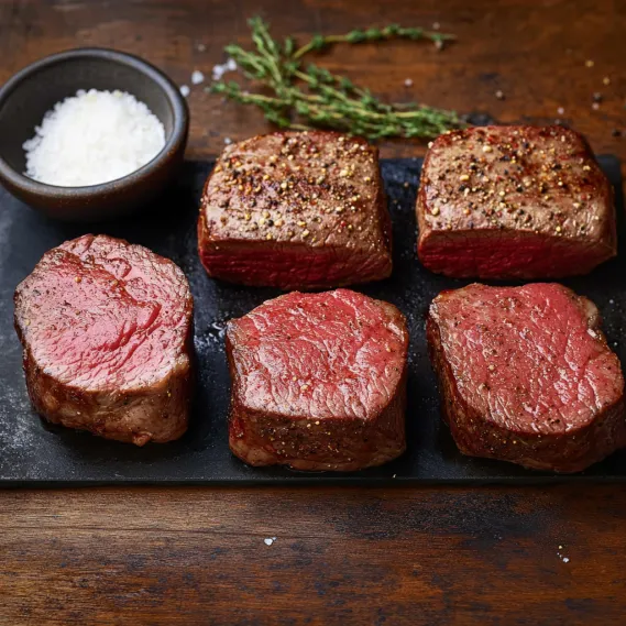 Four pieces of steak on a cutting board.