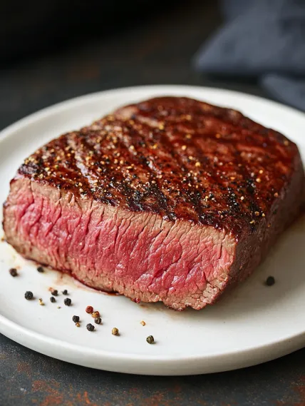 A piece of steak on a plate.