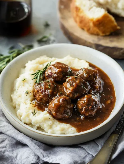 A bowl of mashed potatoes with meatballs in a brown sauce.
