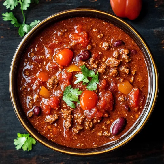 A bowl of chili with beans and tomatoes.