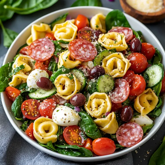 A bowl of pasta salad with tomatoes, cucumbers, and olives.