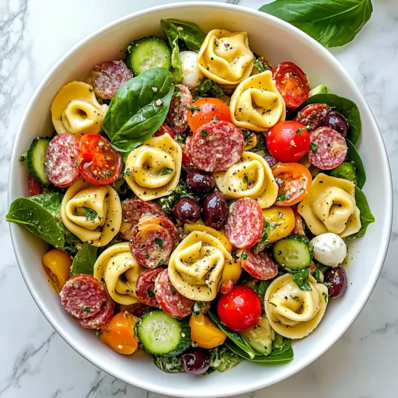 A bowl of pasta salad with tomatoes, cucumbers, and basil.