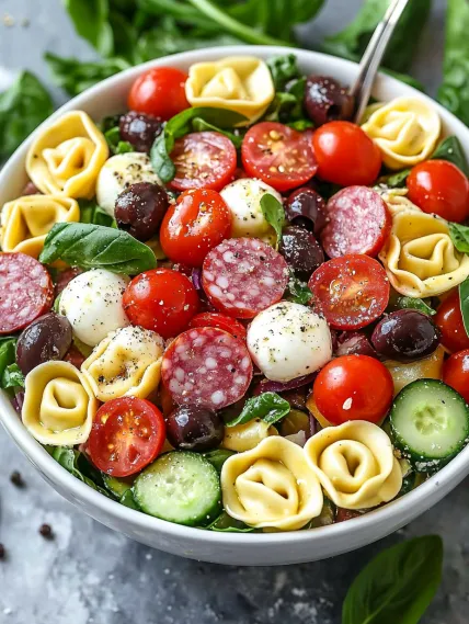 A bowl of pasta salad with tomatoes, cucumbers, and olives.