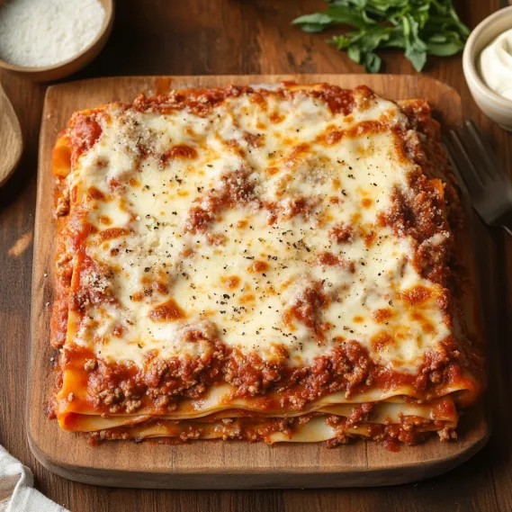 A delicious lasagna with cheese and meat.