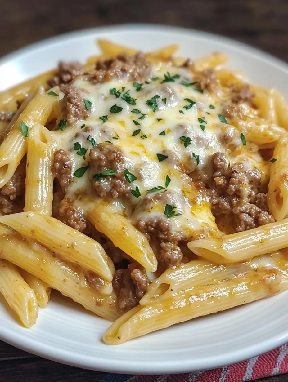 Cheesy Penne with Garlic Butter Ground Beef