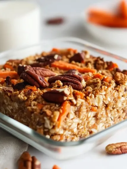 A glass dish filled with a mixture of rice, nuts, and carrots.