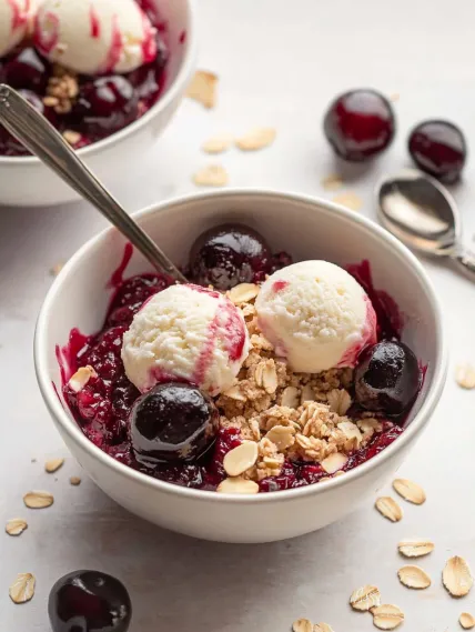 A bowl of berries and ice cream.