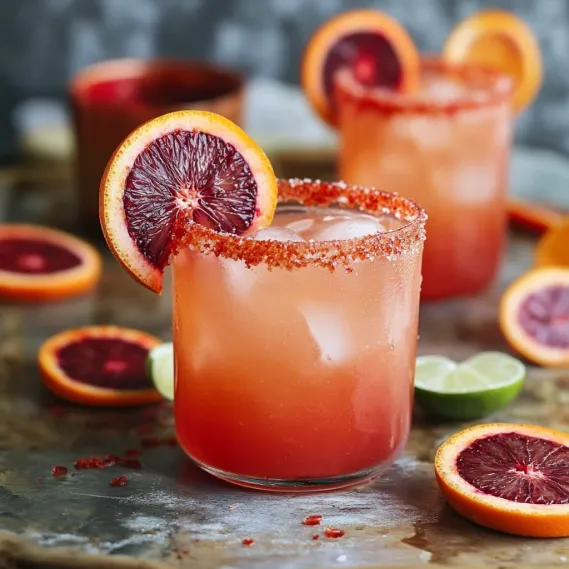 Two glasses of blood orange margarita with orange slices.