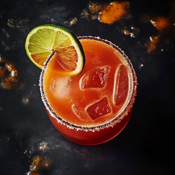 A glass of red drink with a slice of lime on top.