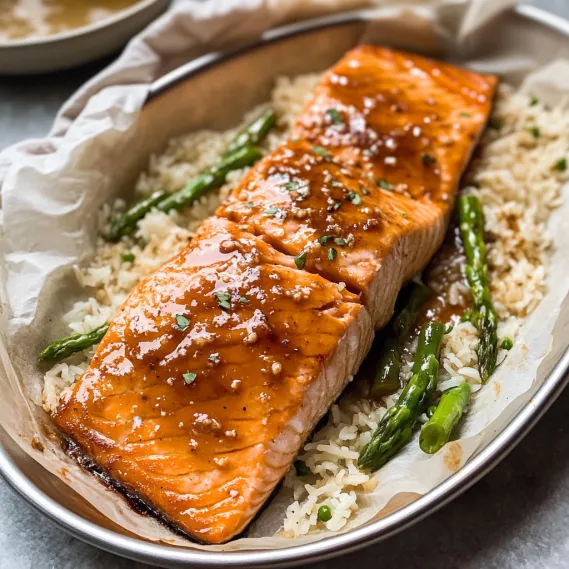 A piece of salmon with rice and asparagus.
