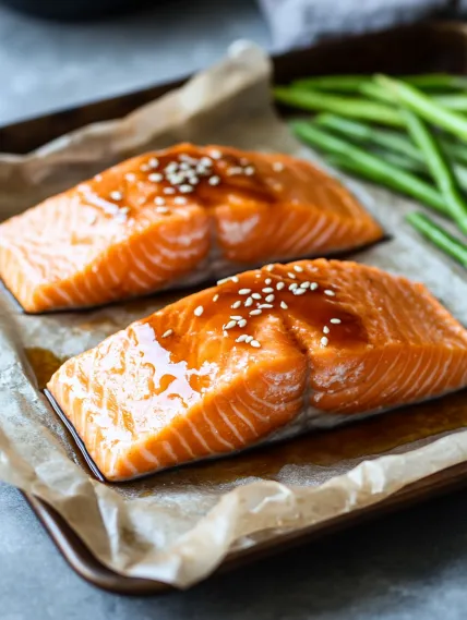 Two pieces of salmon with sesame seeds on top.