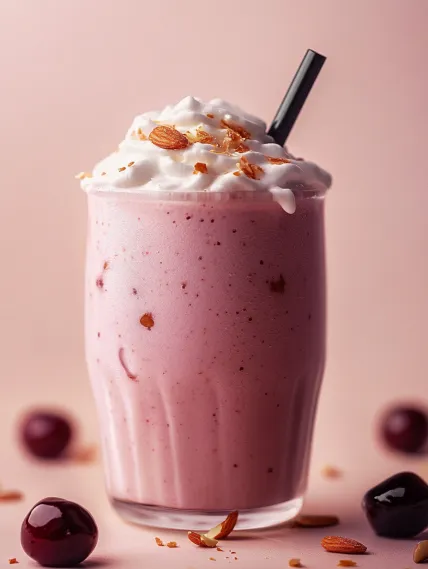 A glass of pink milk with a black straw.