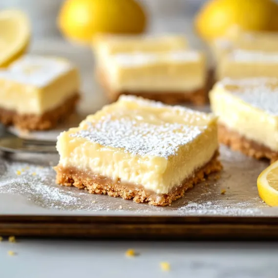A plate of lemon squares with lemon wedges on top.