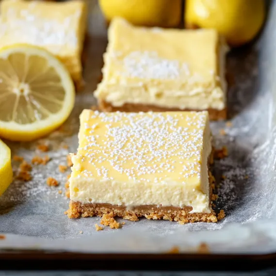 A plate of lemon squares with lemon wedges on the side.