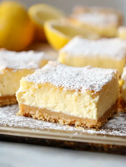 A slice of lemon cheesecake with white powder on top.