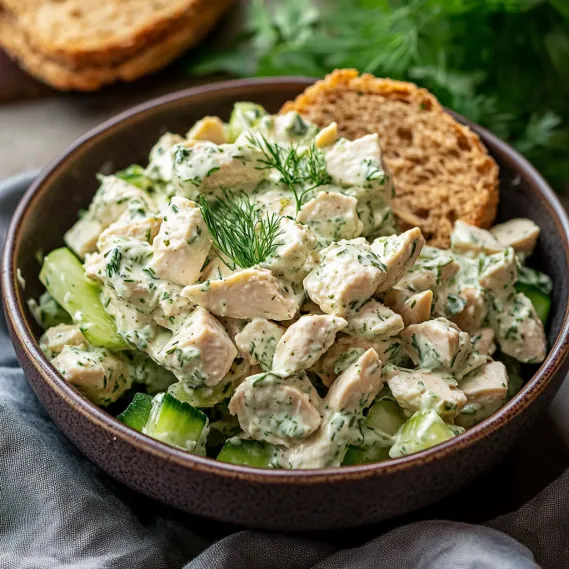 A bowl of chicken salad with a piece of bread.