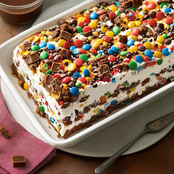 A cake with chocolate and candy toppings.