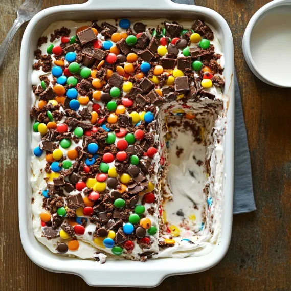 A cake with chocolate and candy toppings.