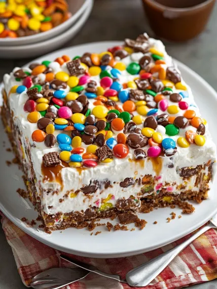 A slice of cake with chocolate and candy toppings.