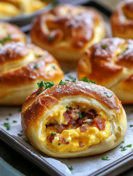 A plate of pastries with bacon and egg filling.