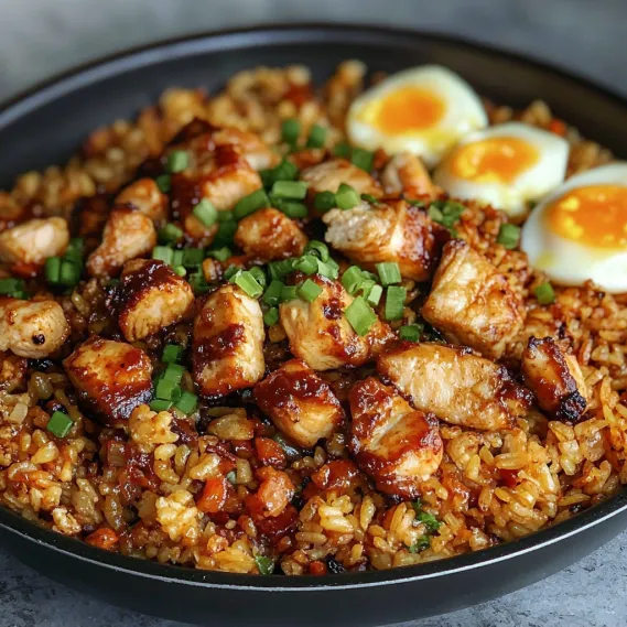 A plate of food with rice, eggs, and meat.
