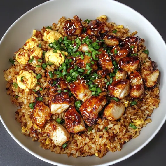 A bowl of rice with chicken and vegetables.