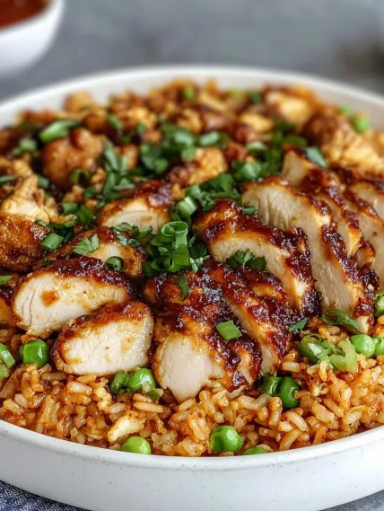 A bowl of food with chicken, peas and rice.