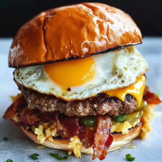 A close up of a bacon and egg sandwich.