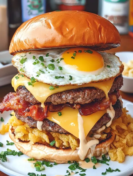 A large hamburger with a fried egg on top.
