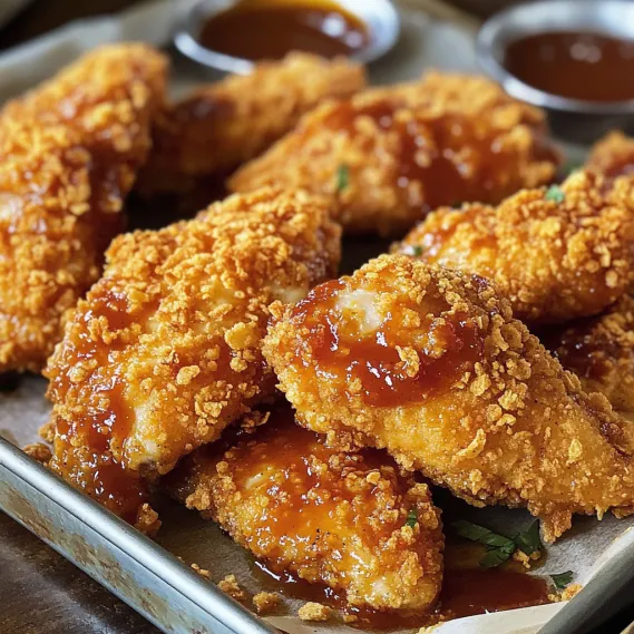 A tray of fried chicken with sauce.