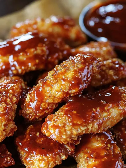 A close up of some fried chicken with a barbecue sauce.