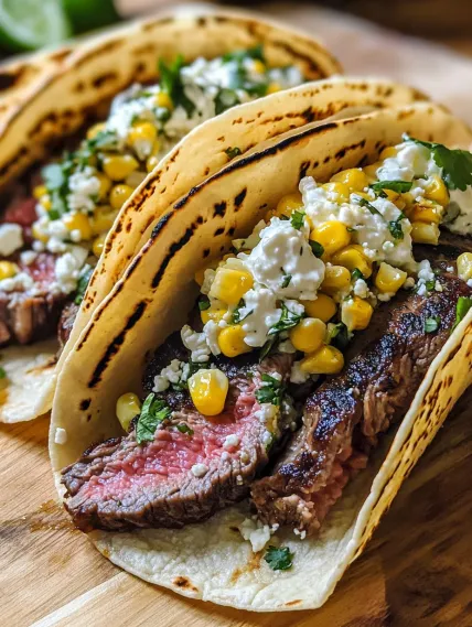 A close up of a steak with corn on top.