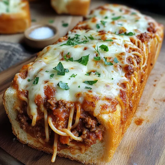 A slice of pizza with cheese and spaghetti on a wooden table.