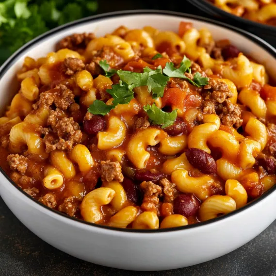 A bowl of pasta with meat and vegetables.