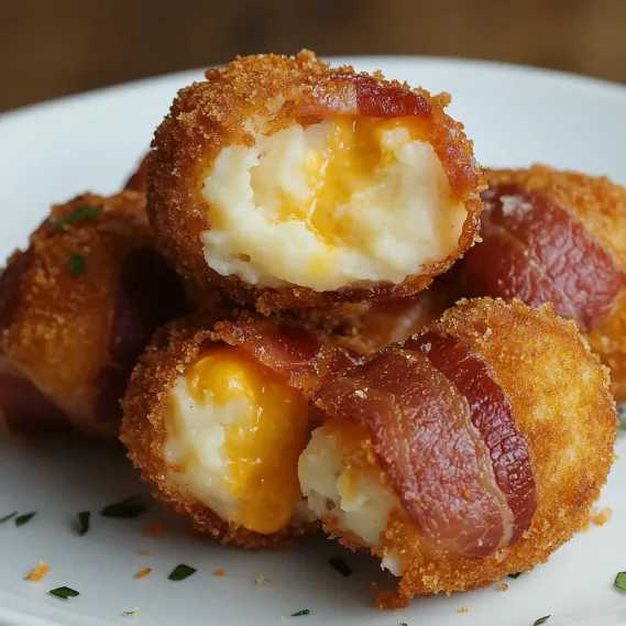 Bacon wrapped cheese balls on a plate.