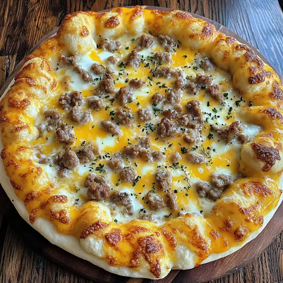 A pizza with cheese and meat on top.