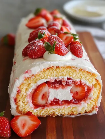 A cake with strawberries and whipped cream.