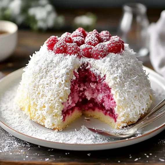 A slice of cake with raspberries on top.