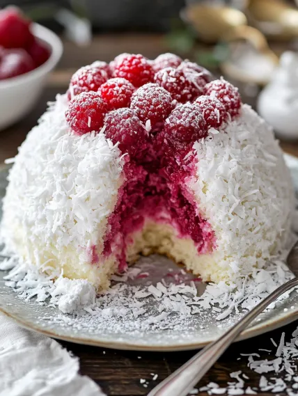 A slice of cake with white frosting and red raspberries.