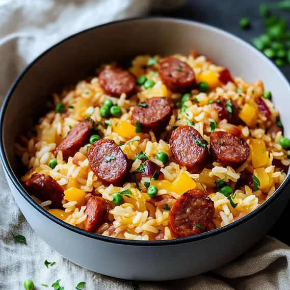 A bowl of rice with sausage and peas.