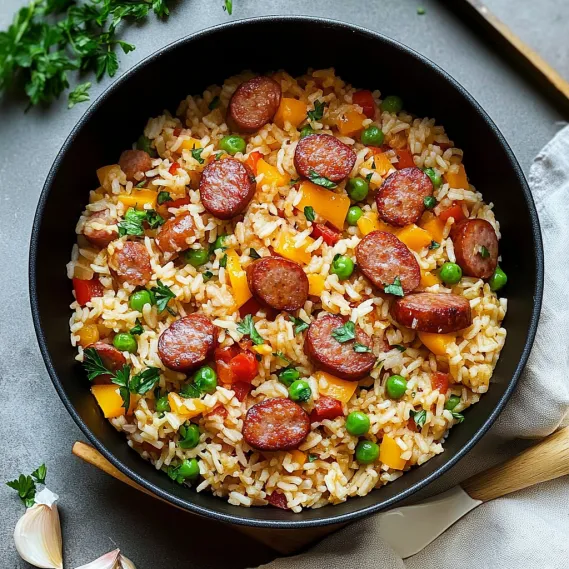 A bowl of rice with sausage and peas.
