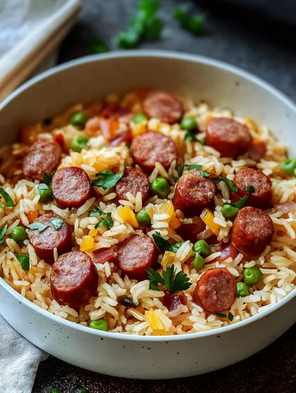 A bowl of rice with sausage and peas.