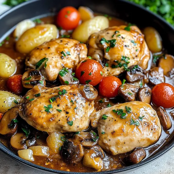 A bowl of food with tomatoes, potatoes, and mushrooms.