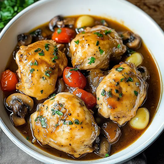 A bowl of chicken with mushrooms and tomatoes.