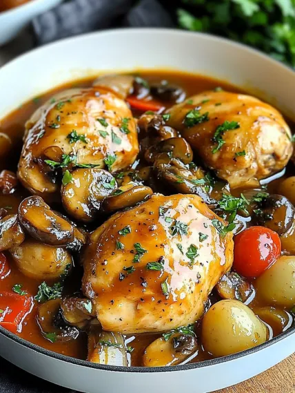 A bowl of food with chicken and mushrooms.