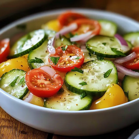 A bowl of sliced cucumbers and tomatoes.