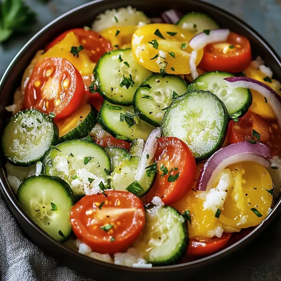 A bowl of vegetables including cucumbers, tomatoes, and onions.